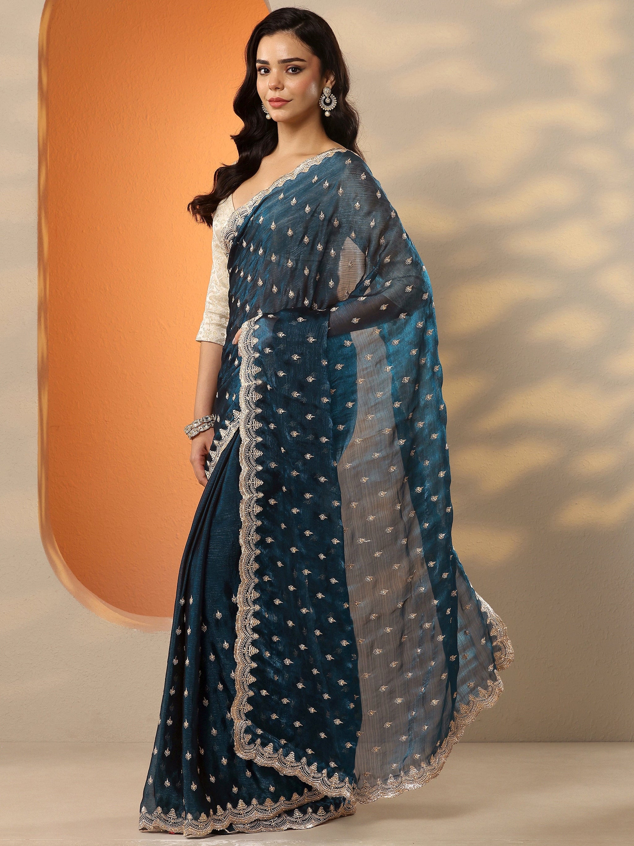 Libas Teal Embroidered Organza Saree With Unstitched Blouse Piece