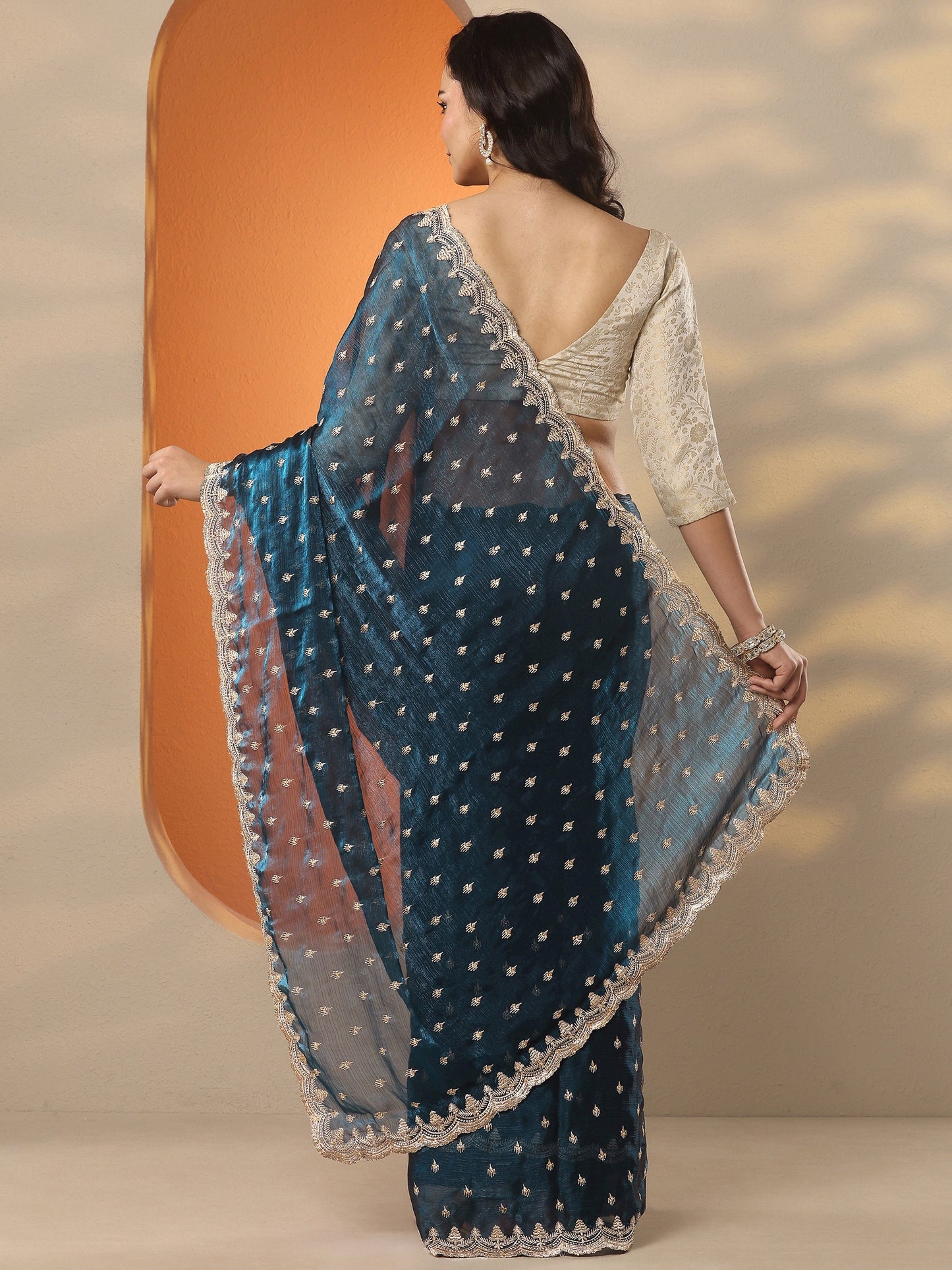 Libas Teal Embroidered Organza Saree With Unstitched Blouse Piece