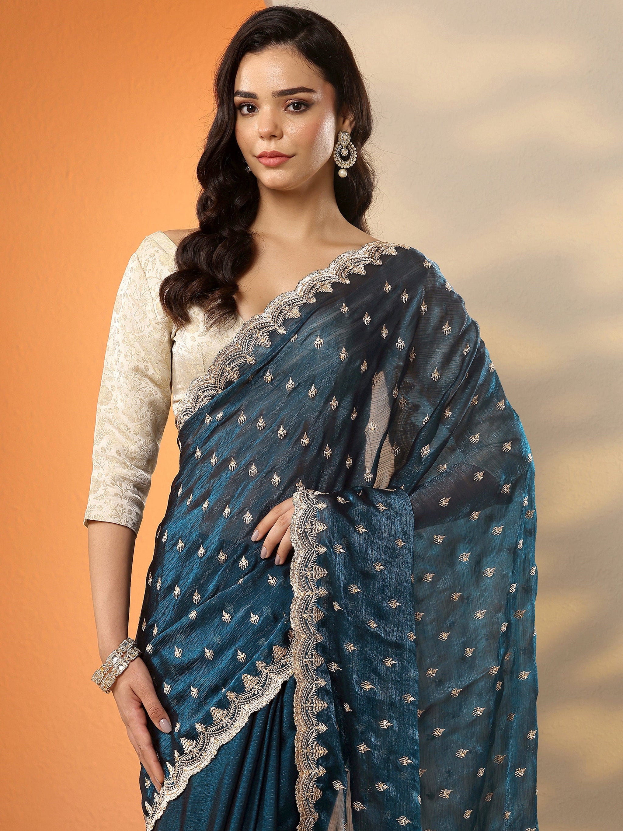 Libas Teal Embroidered Organza Saree With Unstitched Blouse Piece