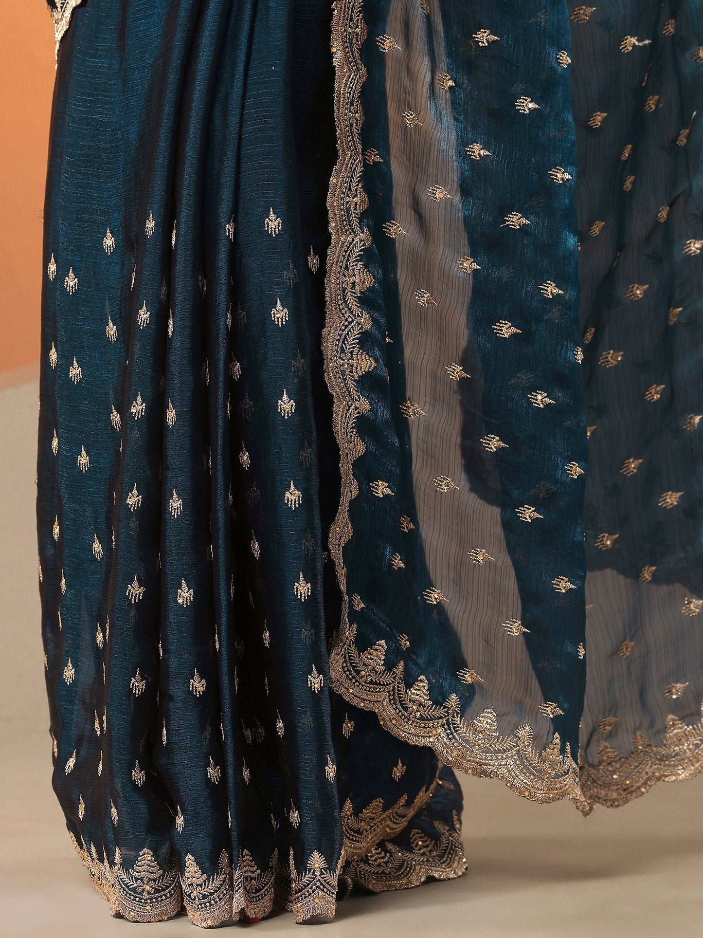 Libas Teal Embroidered Organza Saree With Unstitched Blouse Piece