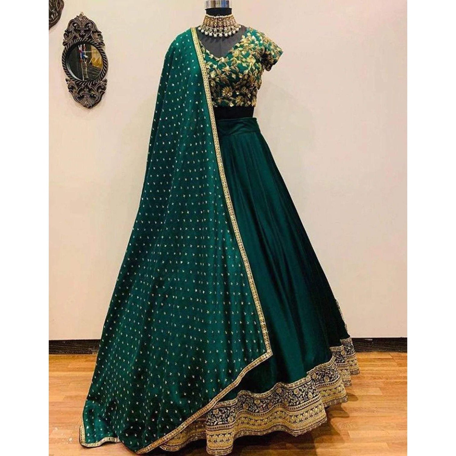 Green Silk Lehenga Choli with Zari Embroidery Work For Wedding