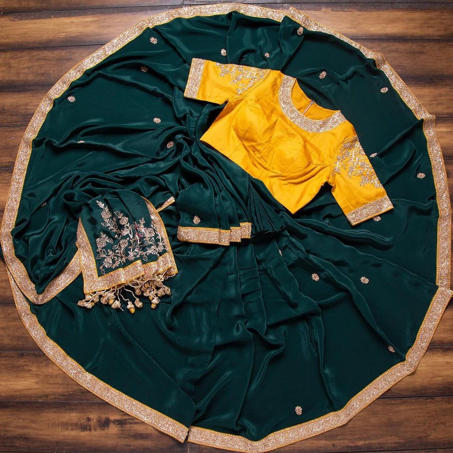 Green Silk saree and Yellow Blouse with Heavy Embroidery Work