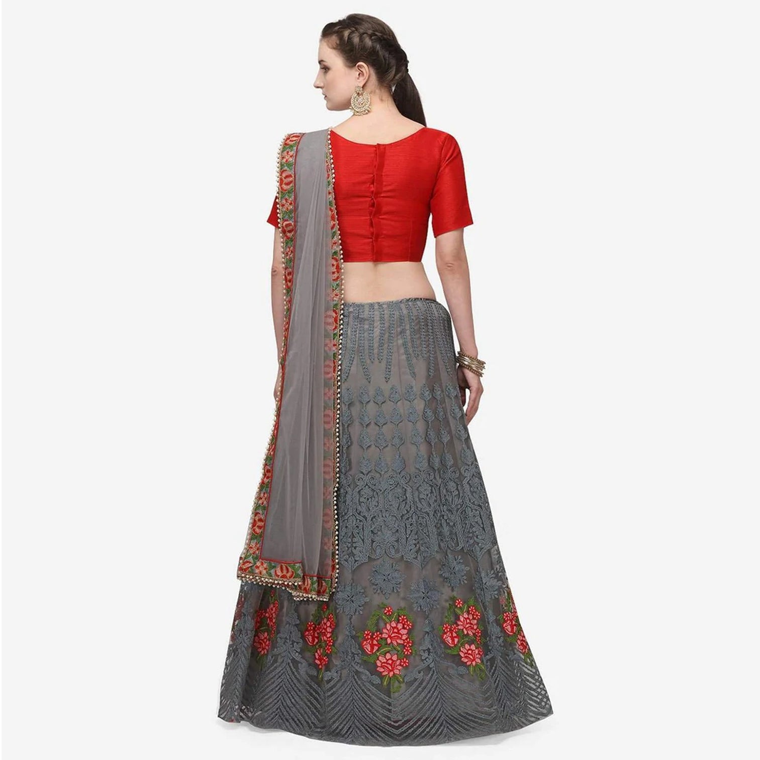 Grey And Red Lehenga Choli with Heavy Embroidery Work