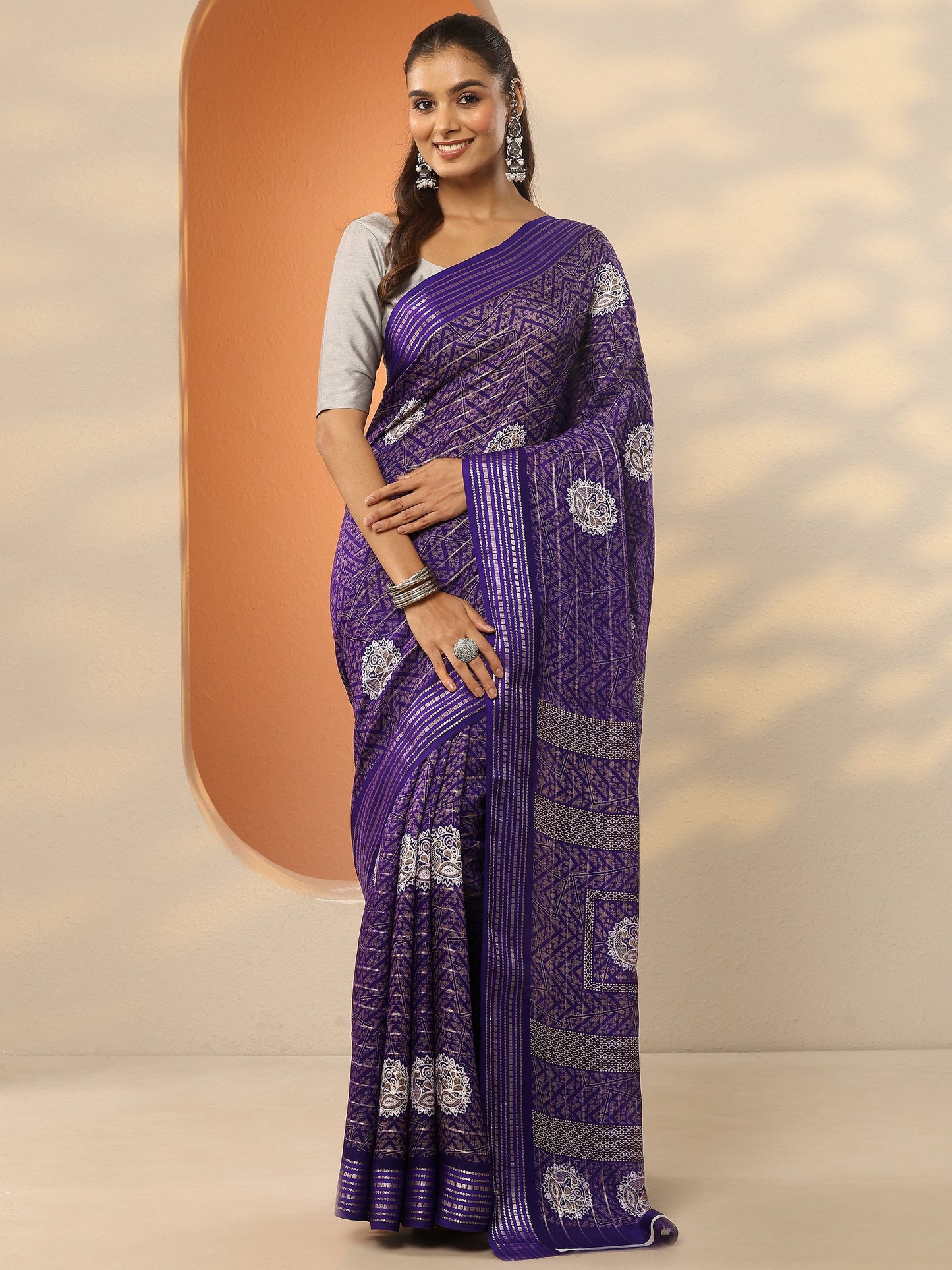 Libas Purple Printed Silk Blend Saree With Unstitched Blouse Piece