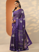 Libas Purple Printed Silk Blend Saree With Unstitched Blouse Piece