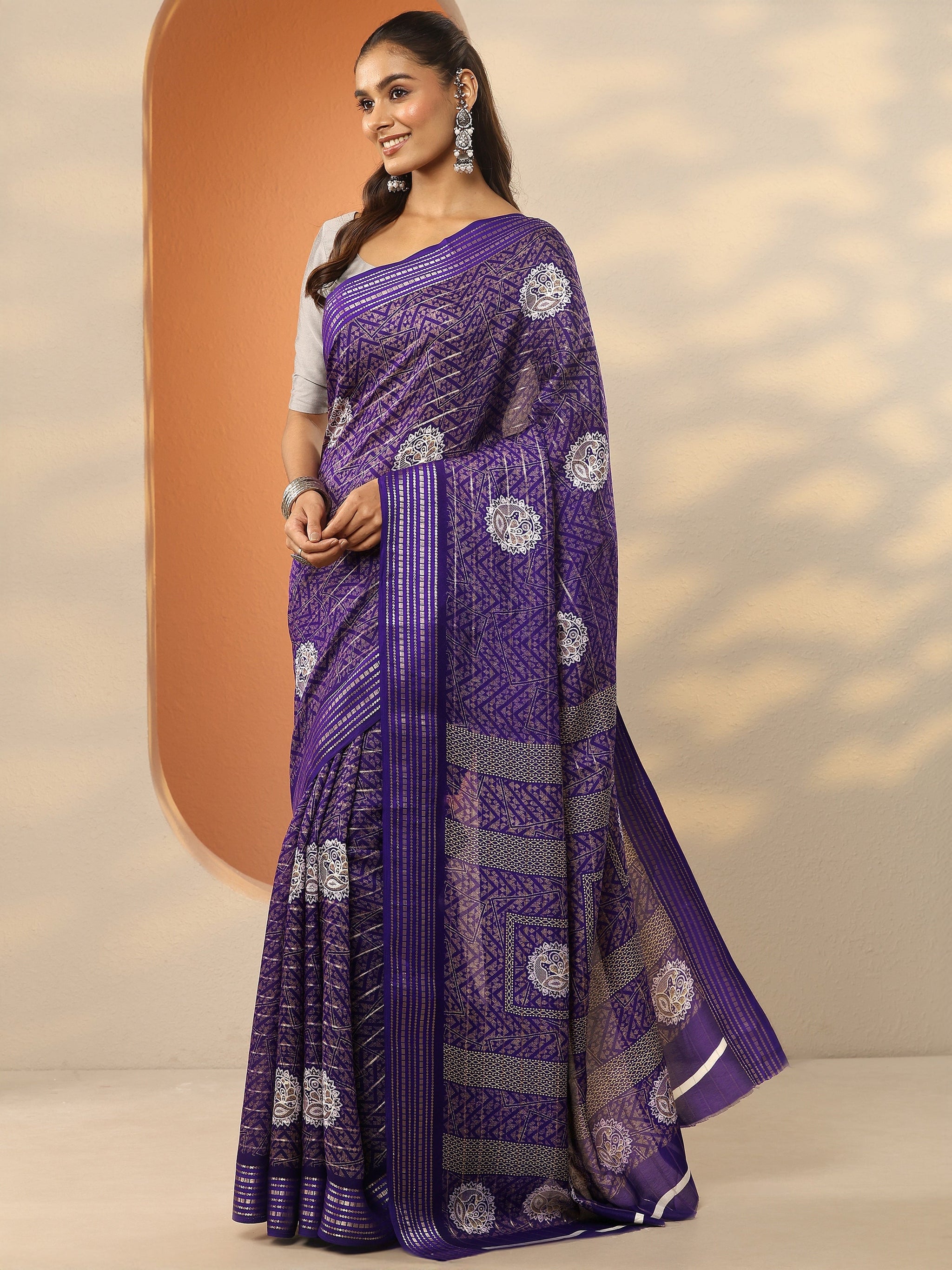 Libas Purple Printed Silk Blend Saree With Unstitched Blouse Piece