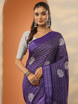 Libas Purple Printed Silk Blend Saree With Unstitched Blouse Piece
