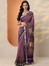 Libas Mauve Printed Silk Blend Saree With Unstitched Blouse Piece