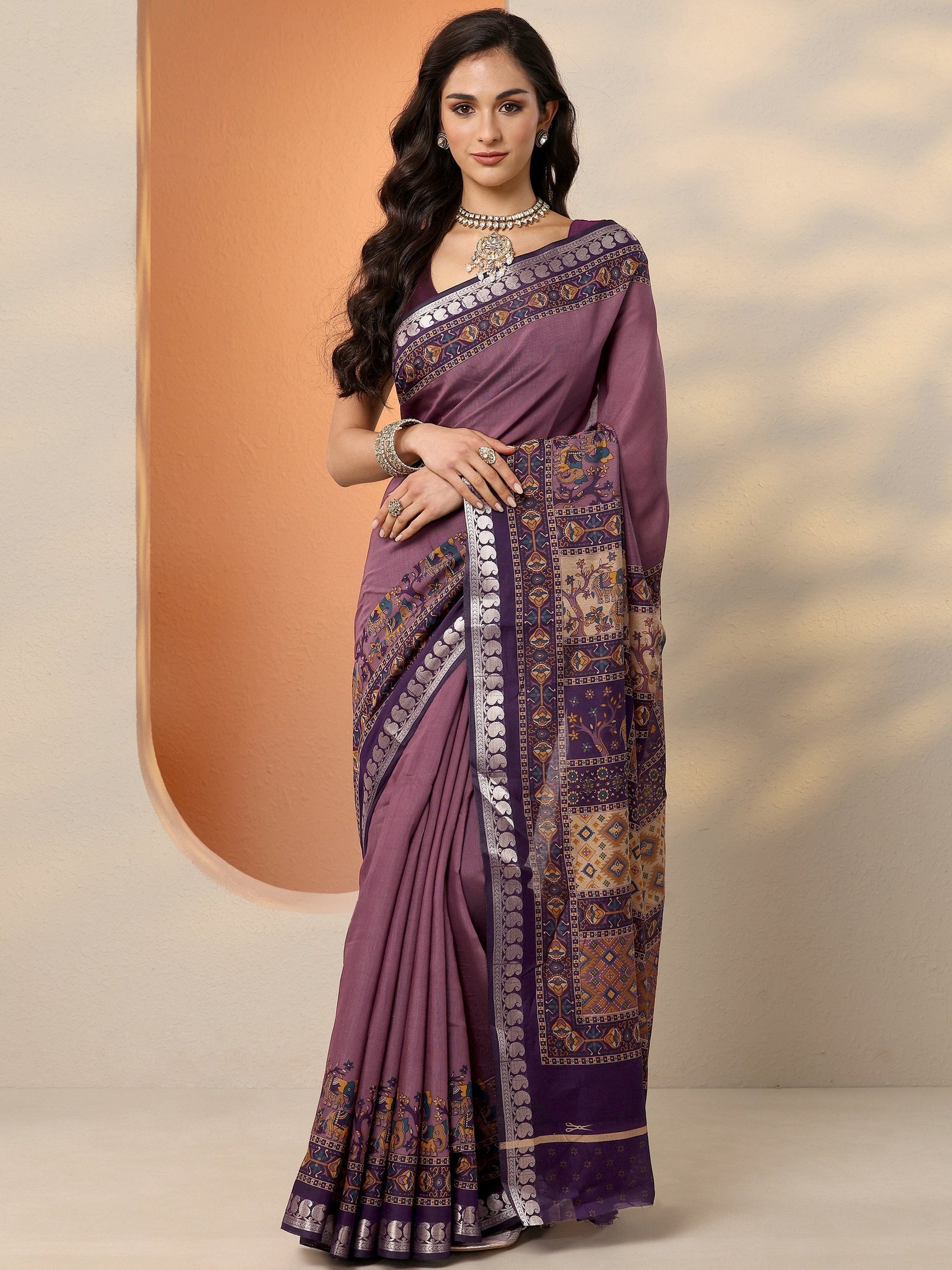 Libas Mauve Printed Silk Blend Saree With Unstitched Blouse Piece