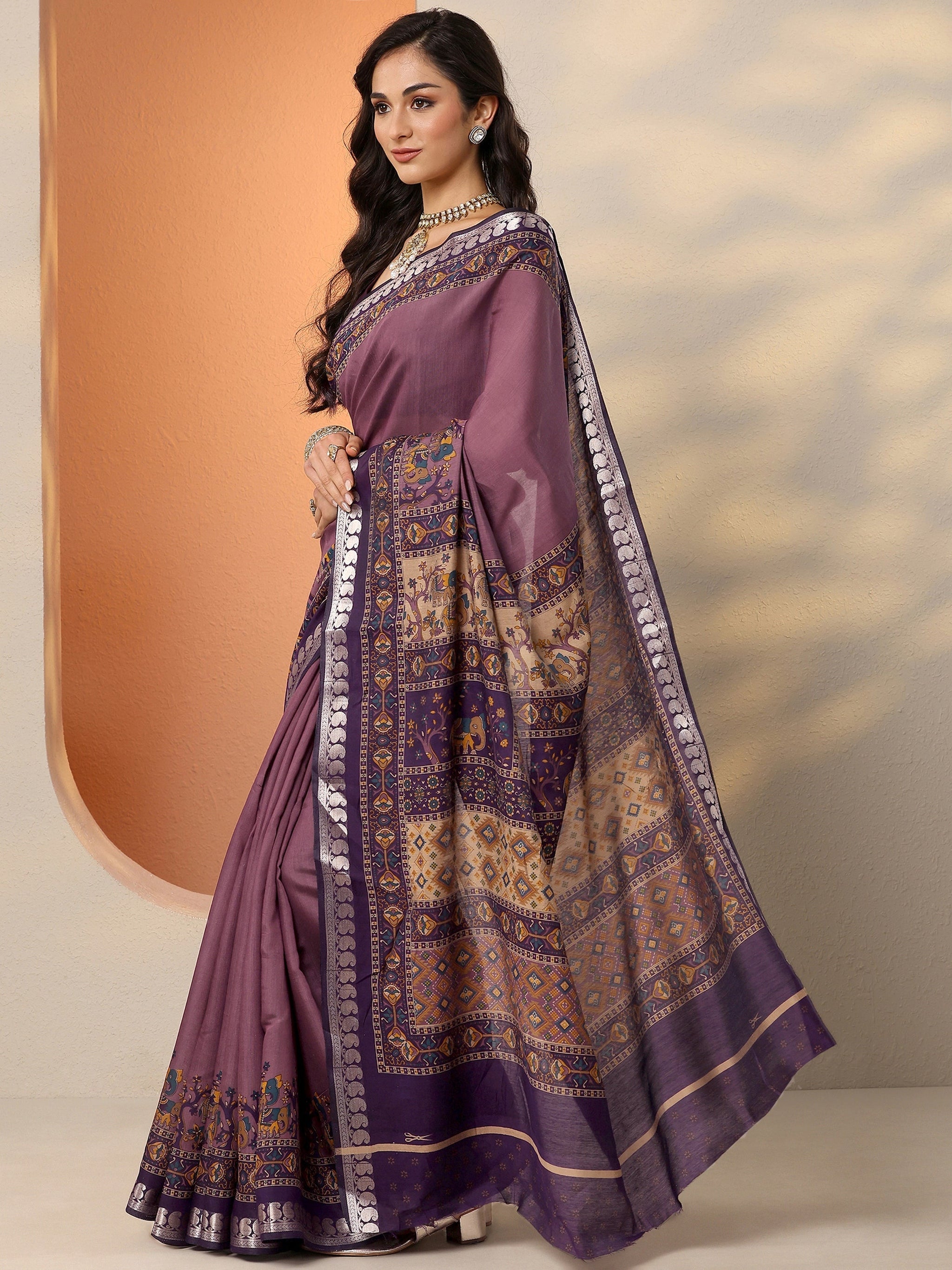 Libas Mauve Printed Silk Blend Saree With Unstitched Blouse Piece