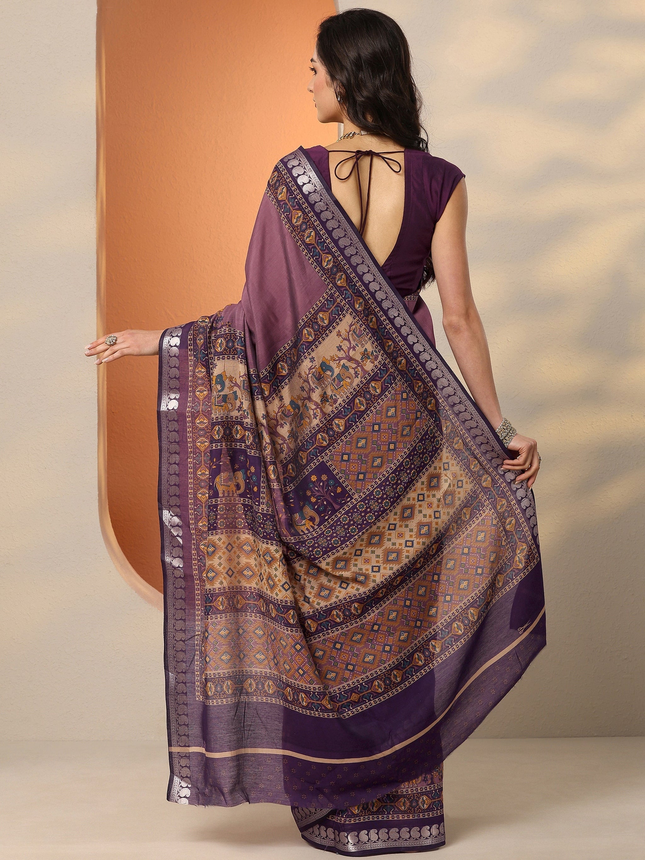 Libas Mauve Printed Silk Blend Saree With Unstitched Blouse Piece