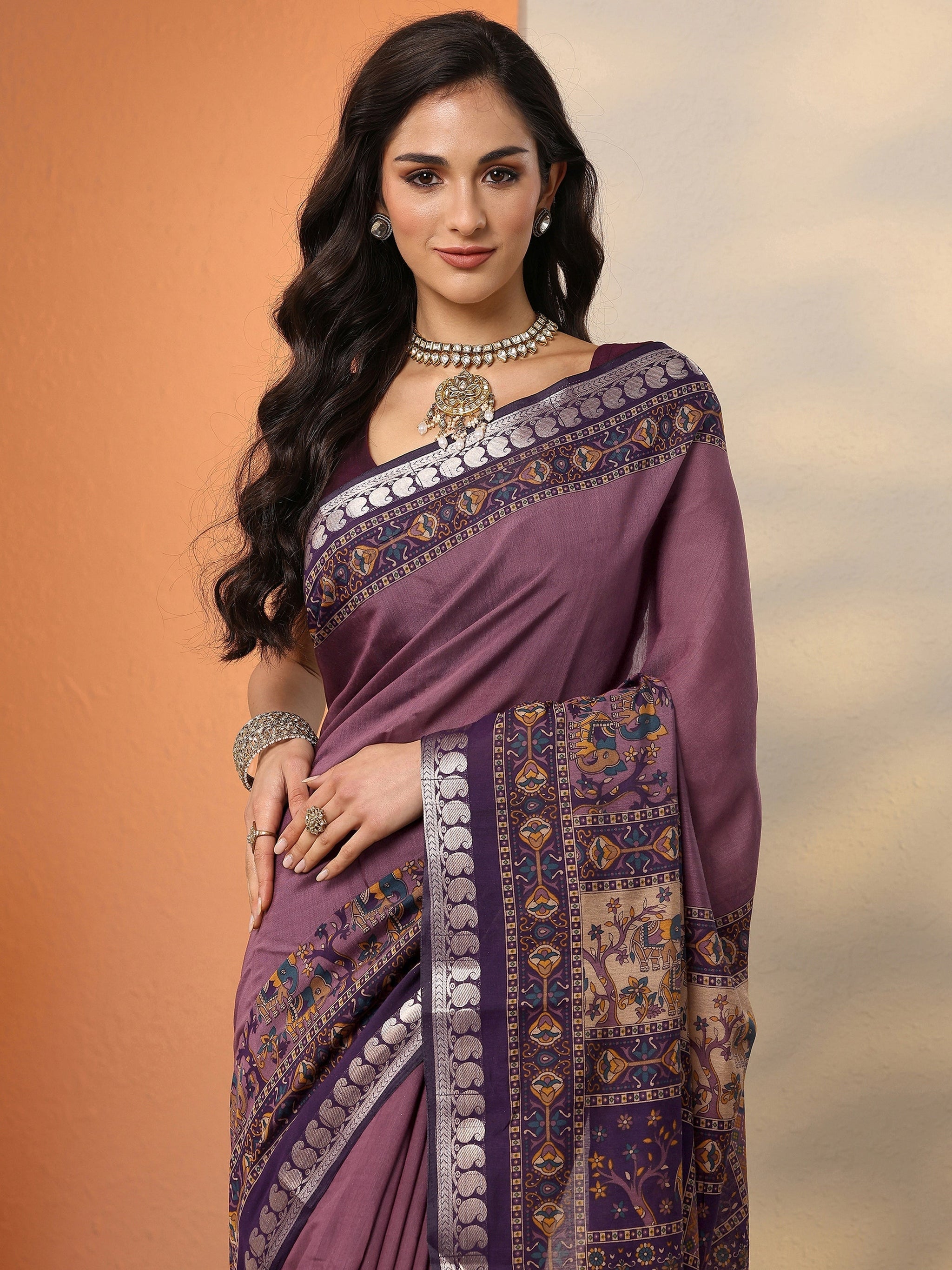 Libas Mauve Printed Silk Blend Saree With Unstitched Blouse Piece