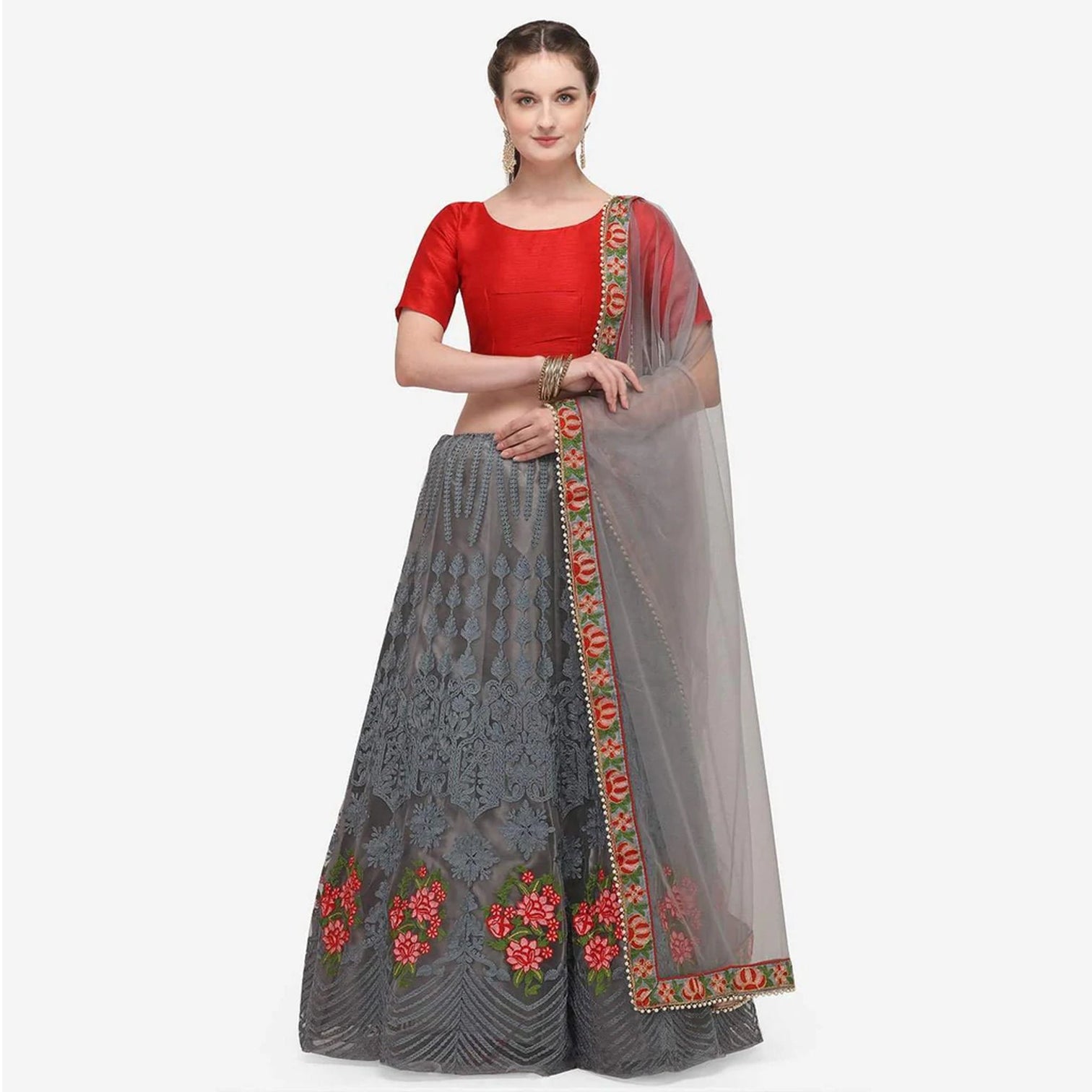 Grey And Red Lehenga Choli with Heavy Embroidery Work