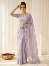 Lavender Pure Raspberry Crush Silk Saree with Lucknowi Embroidery
