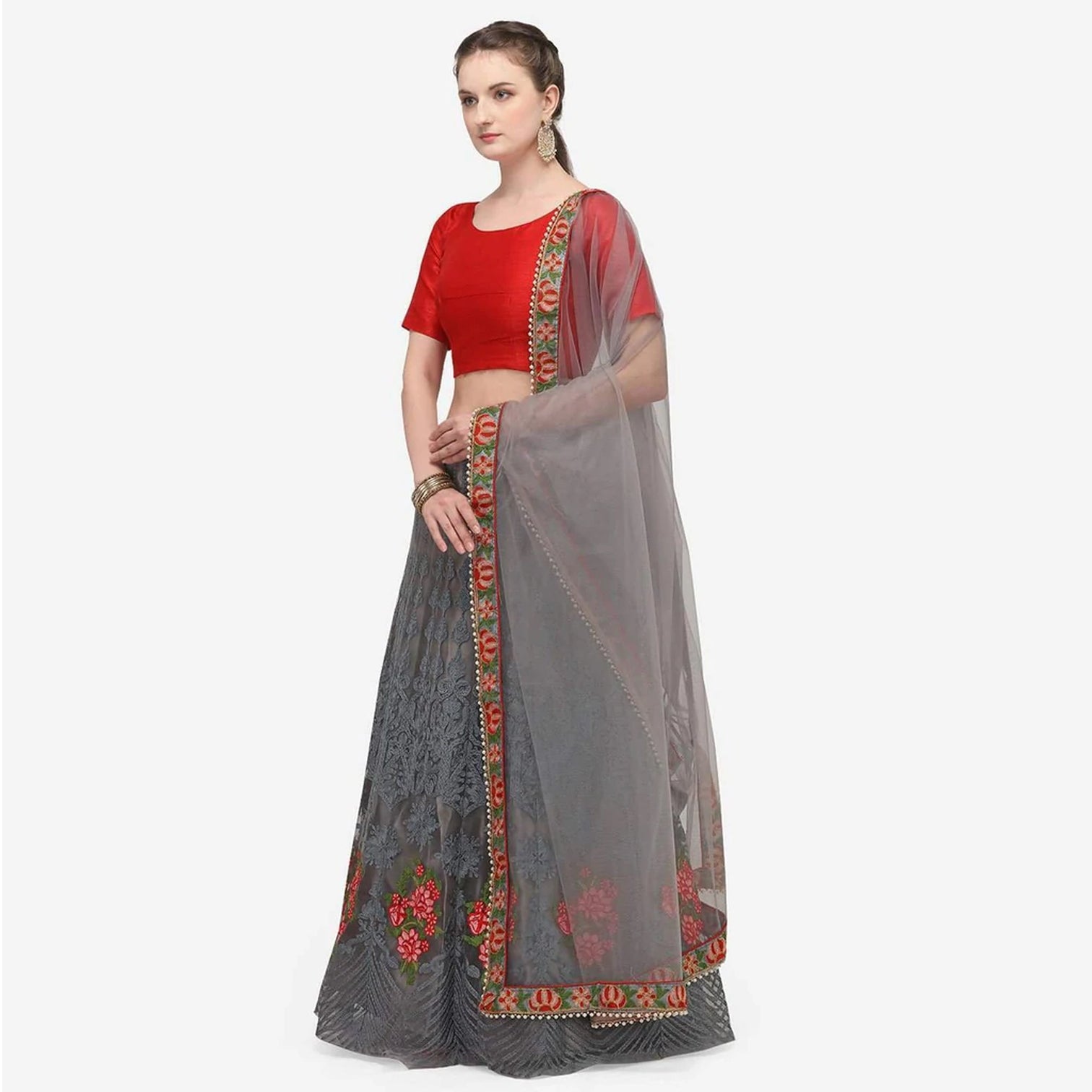 Grey And Red Lehenga Choli with Heavy Embroidery Work