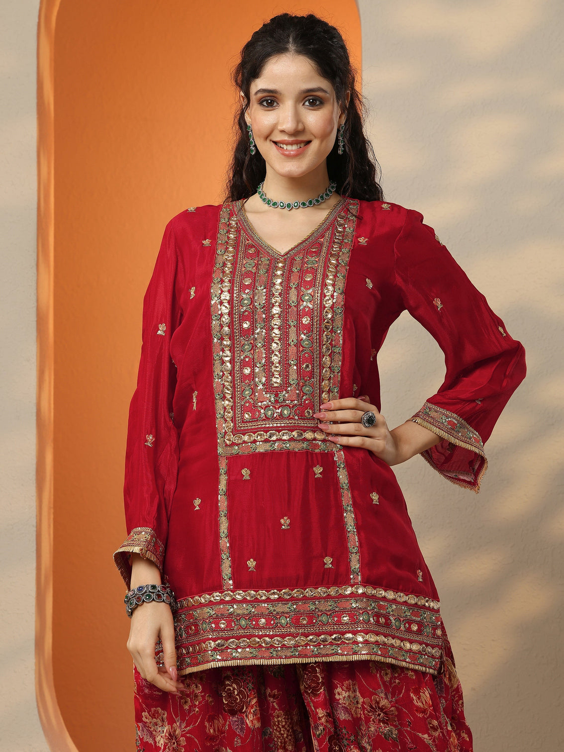 Mameraa Maroon Embroidered Chinon Straight Suit Set With Dupatta