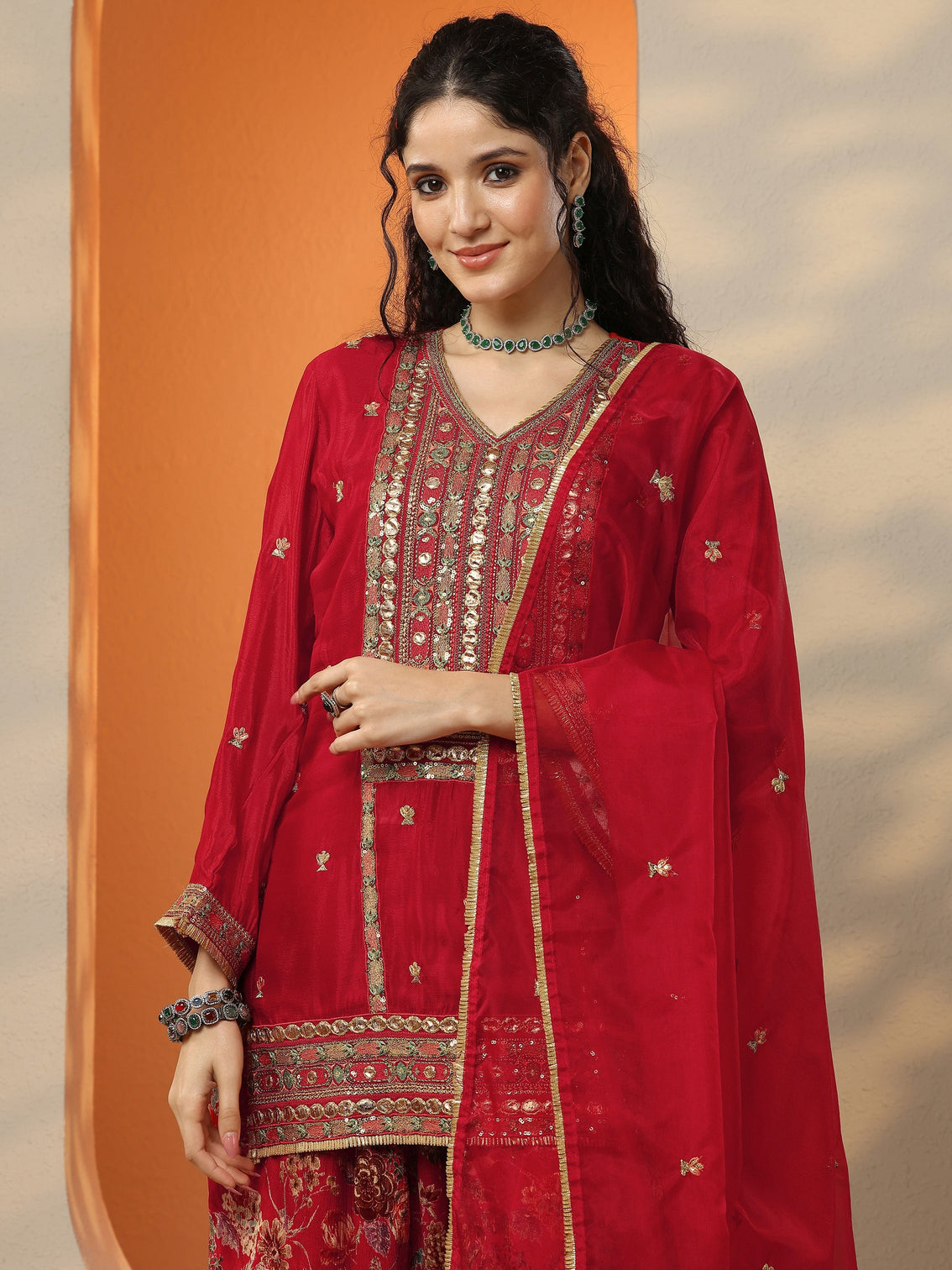 Mameraa Maroon Embroidered Chinon Straight Suit Set With Dupatta