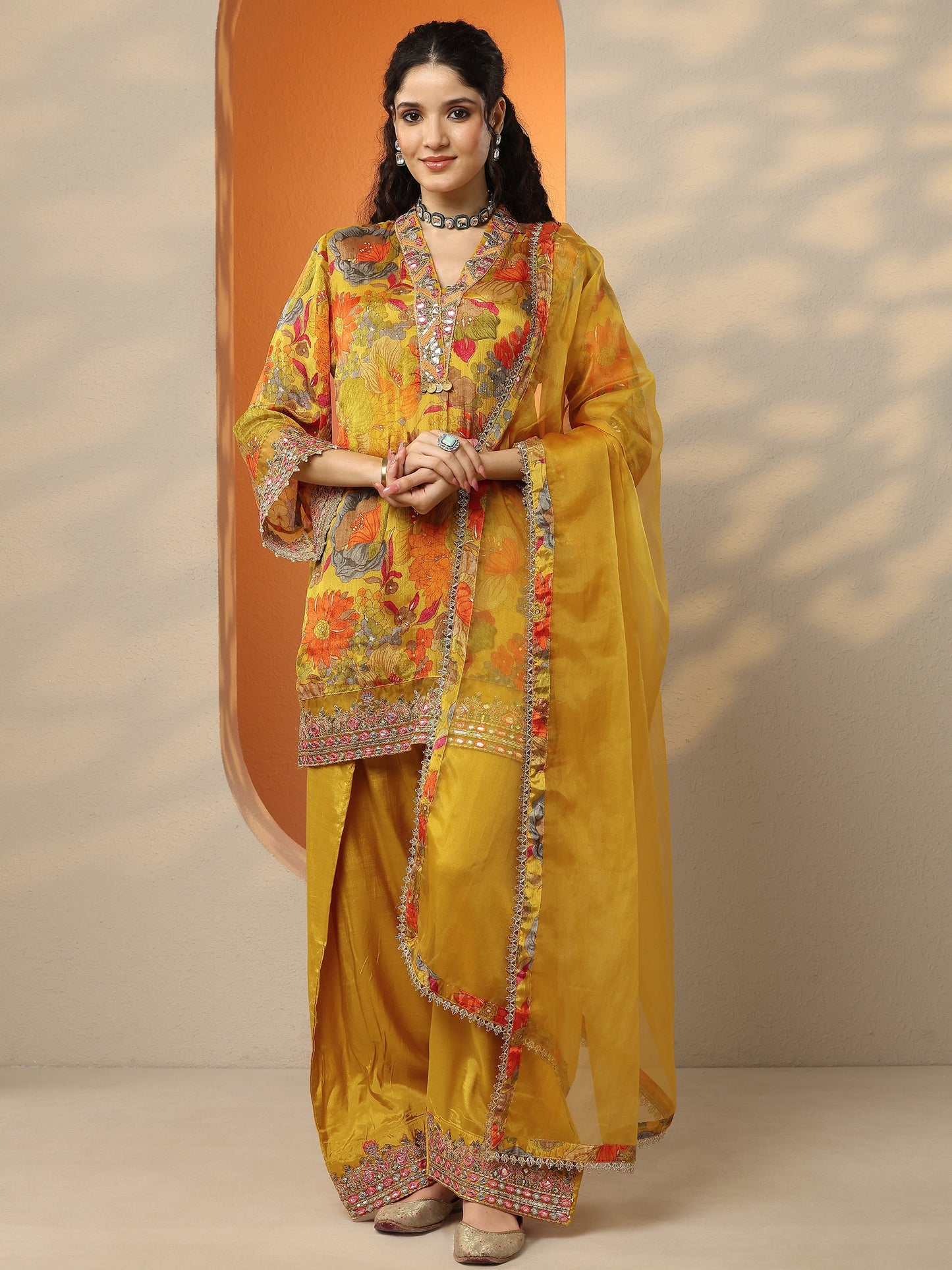 Libas Mustard Printed Chinon Straight Suit Set With Dupatta