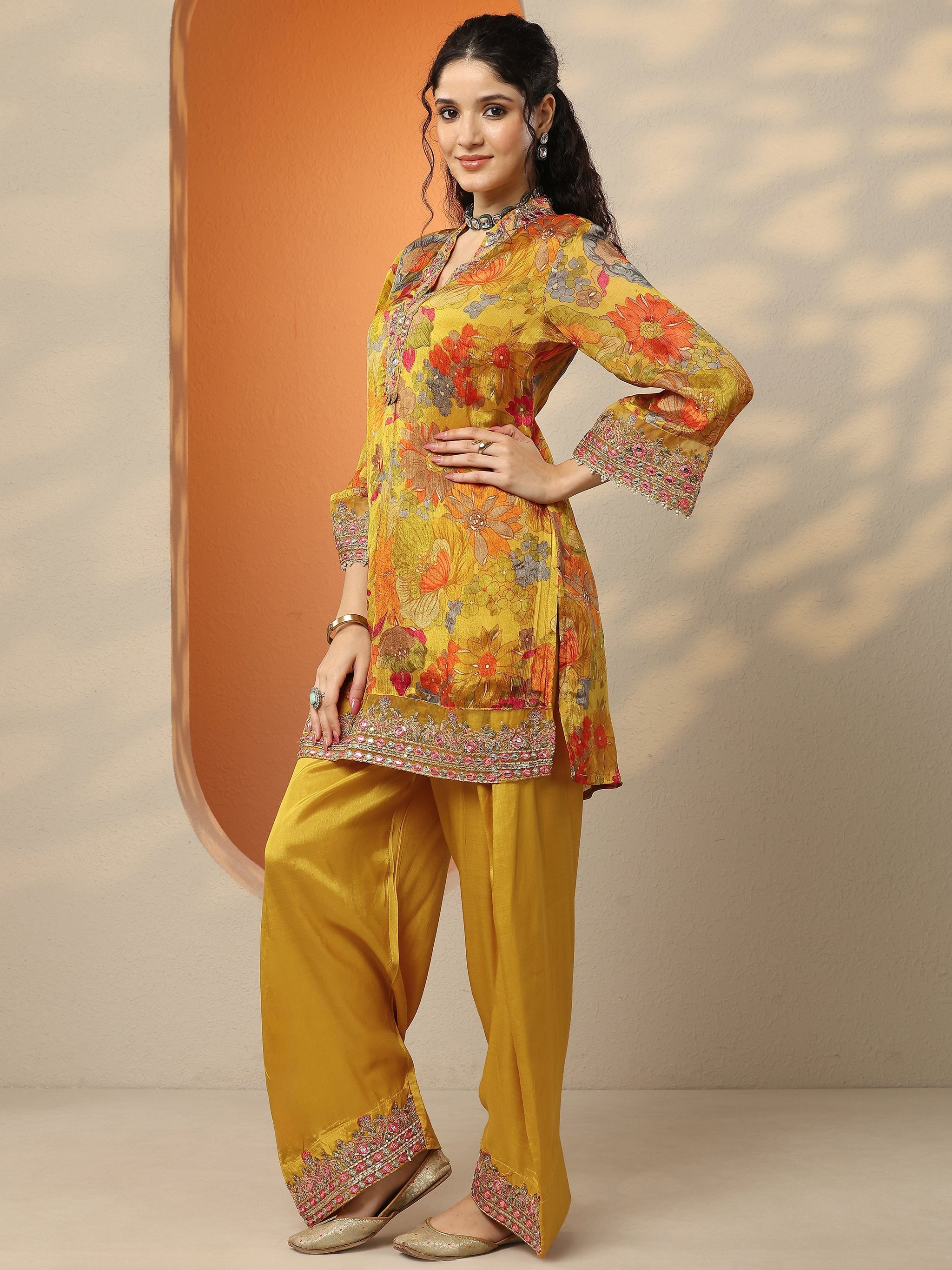 Libas Mustard Printed Chinon Straight Suit Set With Dupatta