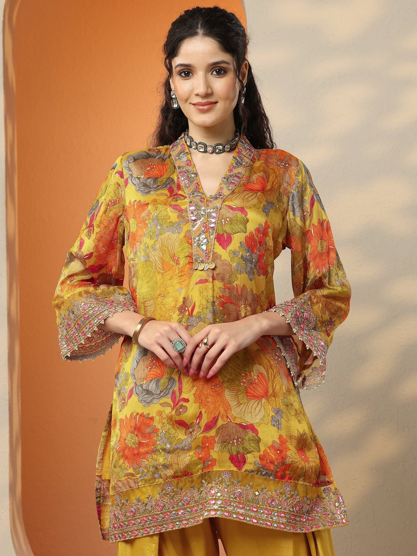 Libas Mustard Printed Chinon Straight Suit Set With Dupatta