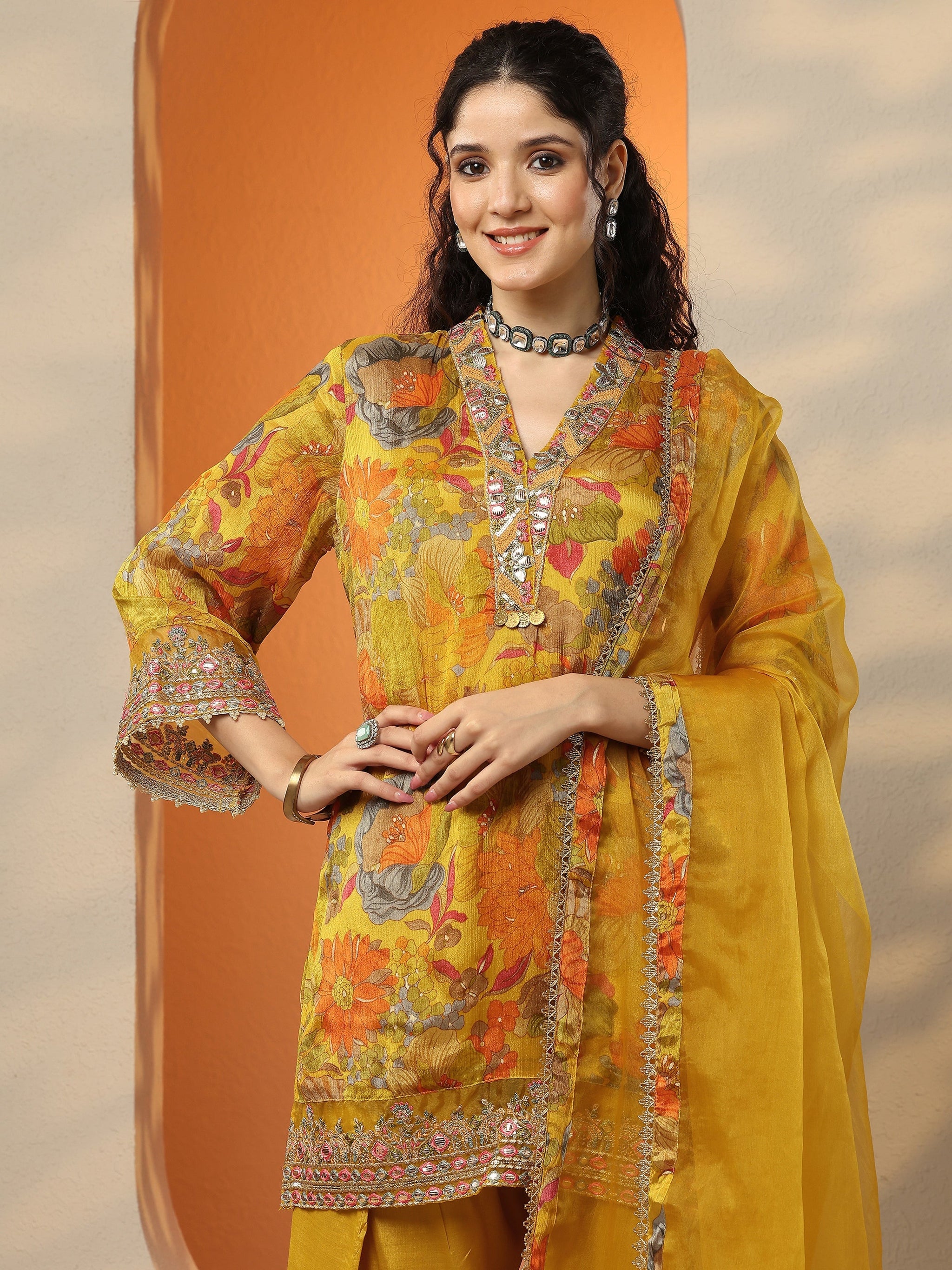 Libas Mustard Printed Chinon Straight Suit Set With Dupatta