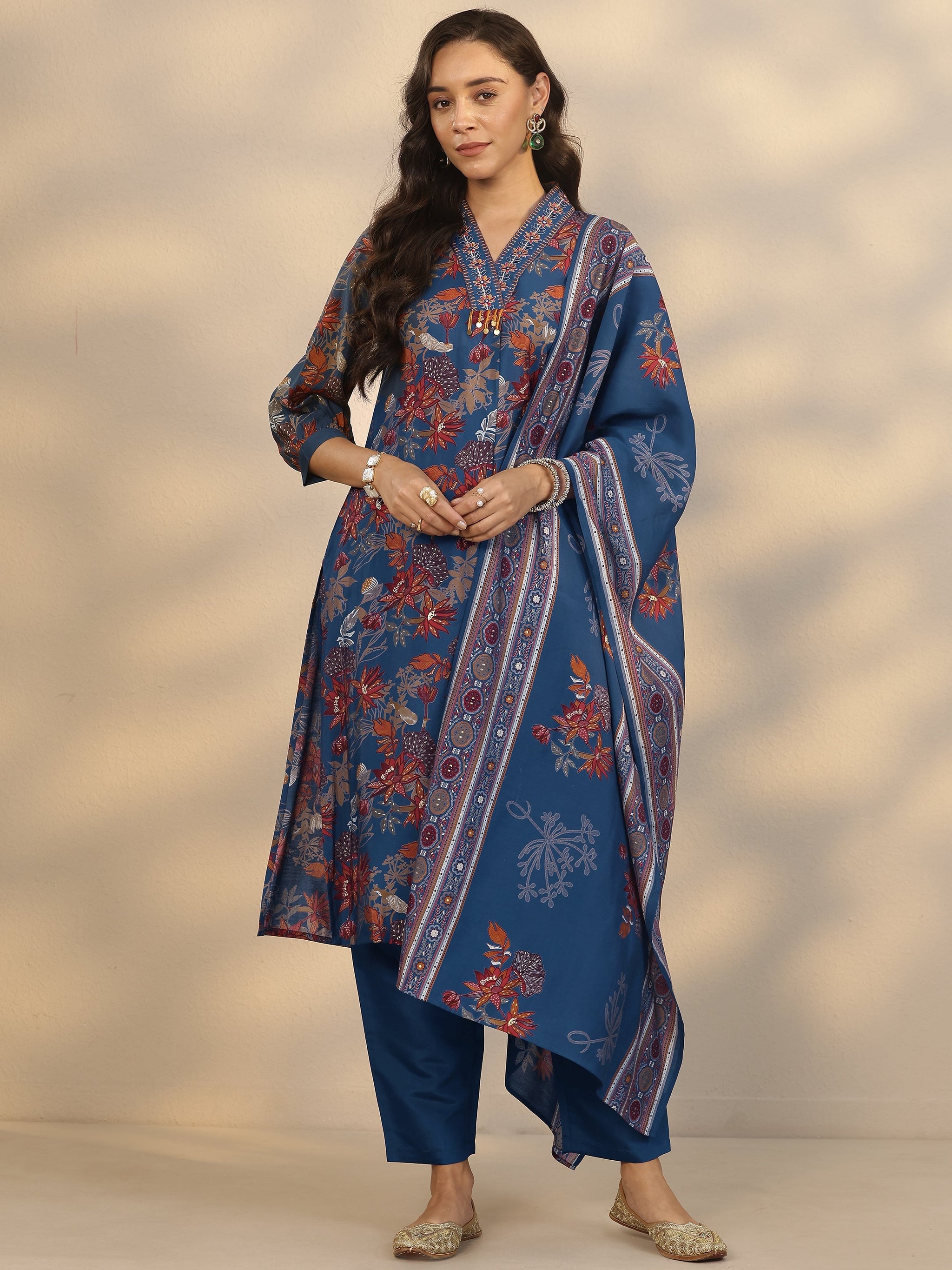 Gerua Blue Printed Silk Blend A-Line Suit Set With Dupatta