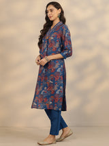 Gerua Blue Printed Silk Blend A-Line Suit Set With Dupatta