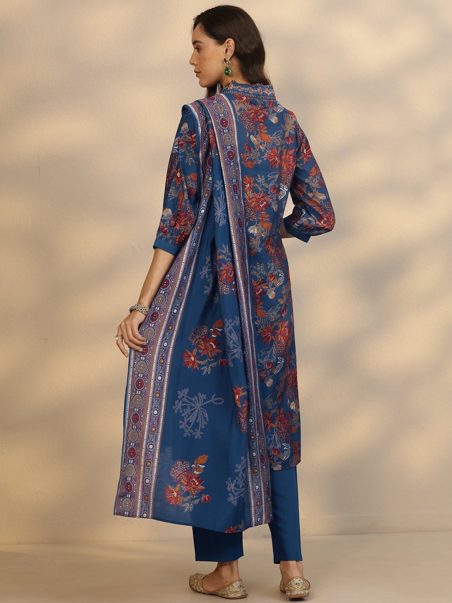 Gerua Blue Printed Silk Blend A-Line Suit Set With Dupatta