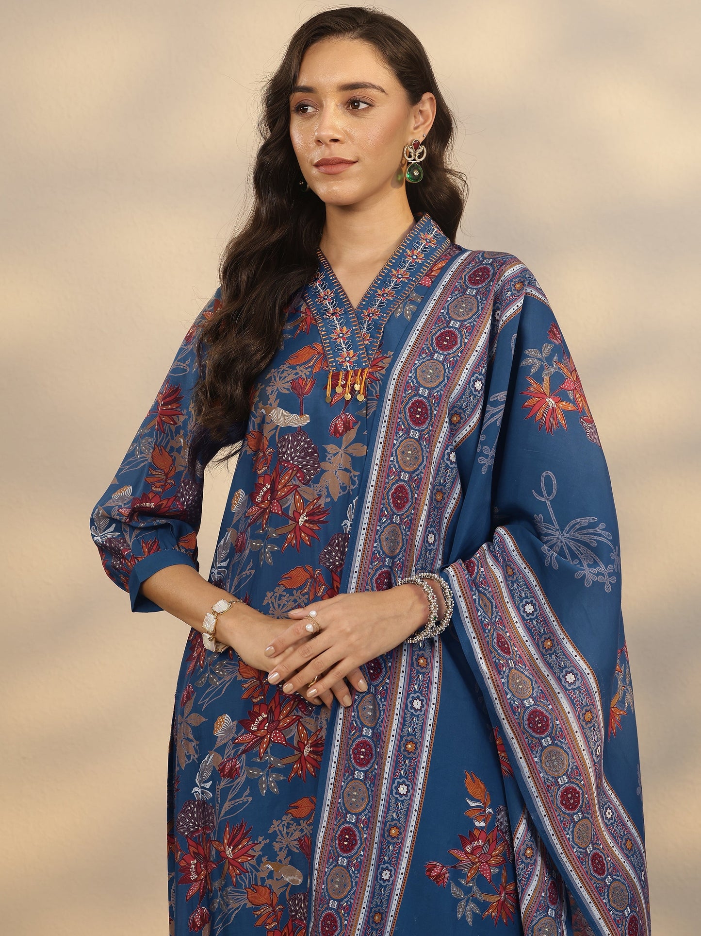 Gerua Blue Printed Silk Blend A-Line Suit Set With Dupatta