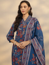Gerua Blue Printed Silk Blend A-Line Suit Set With Dupatta