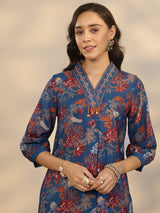 Gerua Blue Printed Silk Blend A-Line Suit Set With Dupatta