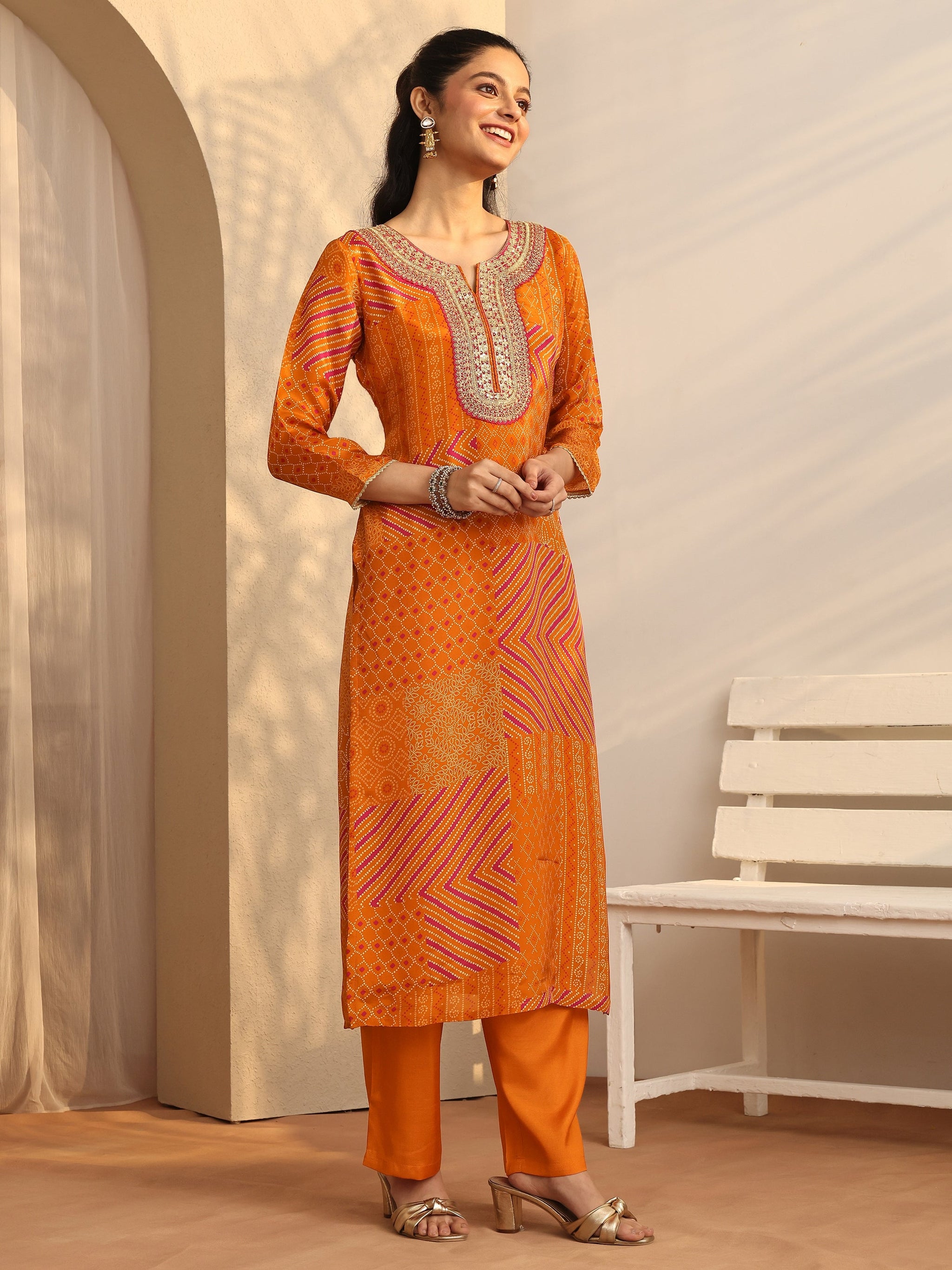 Libas Mustard Bandhani Printed Organza Suit Set With Dupatta