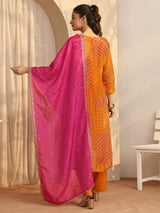 Libas Mustard Bandhani Printed Organza Suit Set With Dupatta