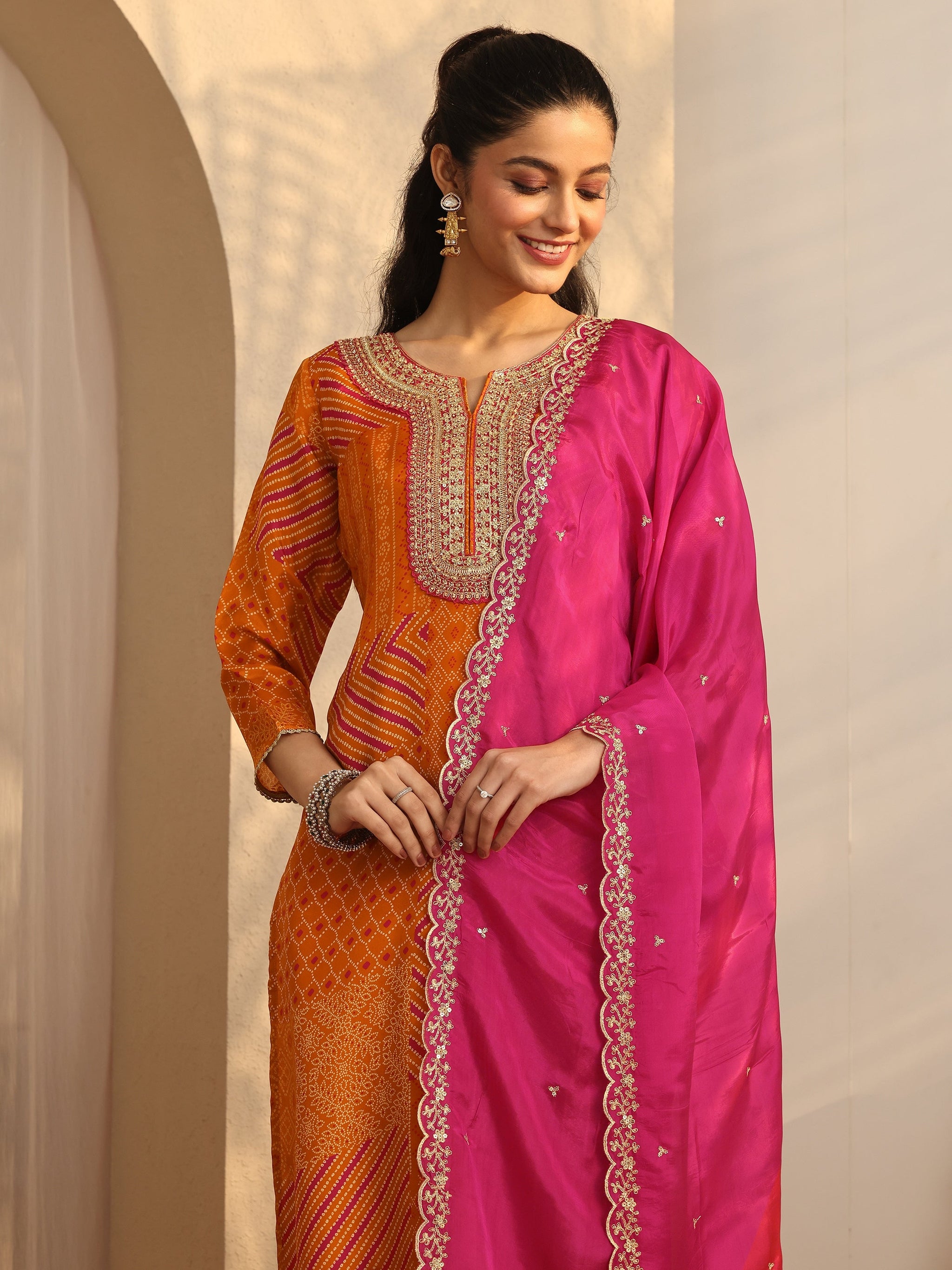 Libas Mustard Bandhani Printed Organza Suit Set With Dupatta