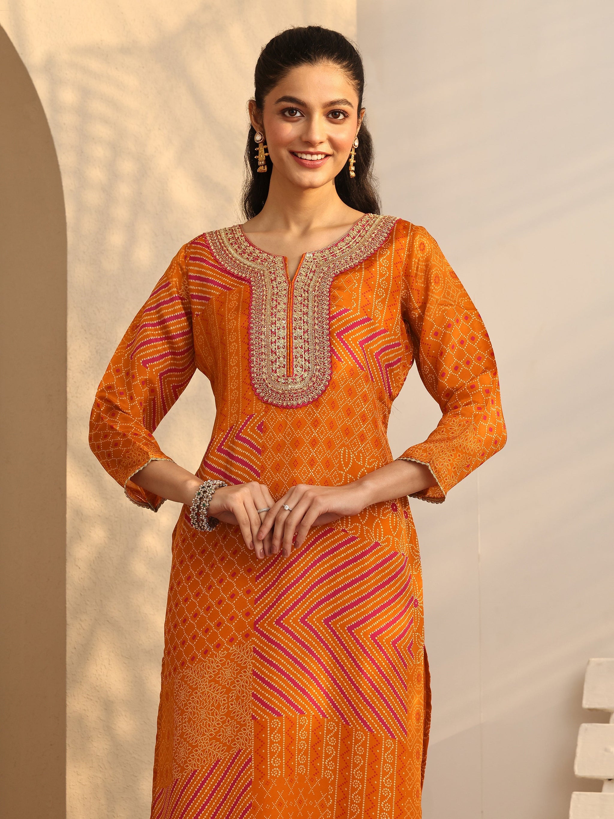 Libas Mustard Bandhani Printed Organza Suit Set With Dupatta