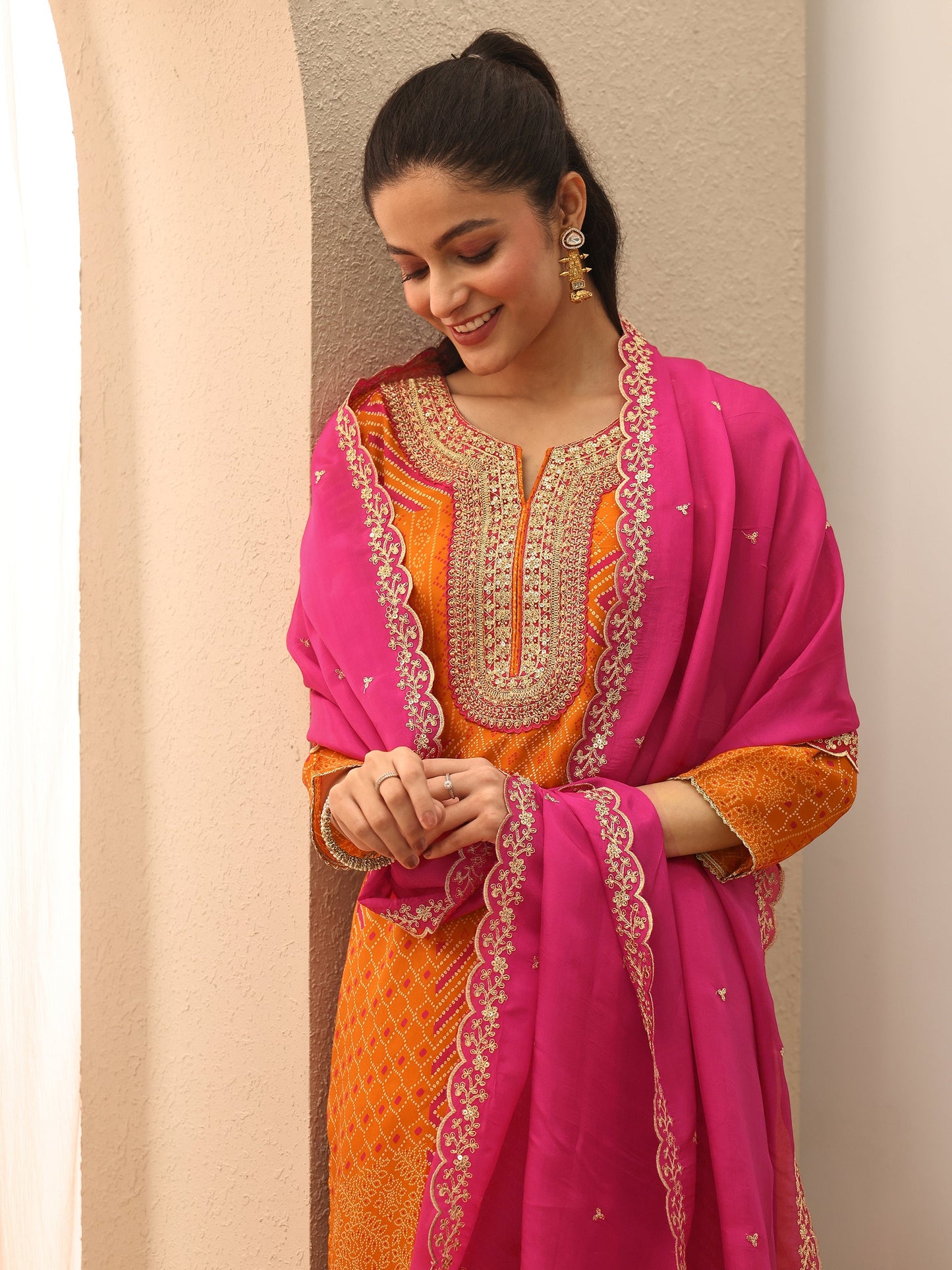Libas Mustard Bandhani Printed Organza Suit Set With Dupatta