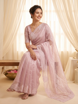 Pink Pure Raspberry Crush Silk Saree with Lucknowi Embroidery
