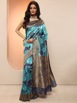 Libas Blue Woven Design Silk Blend Sarees With Unstitched Blouse Piece