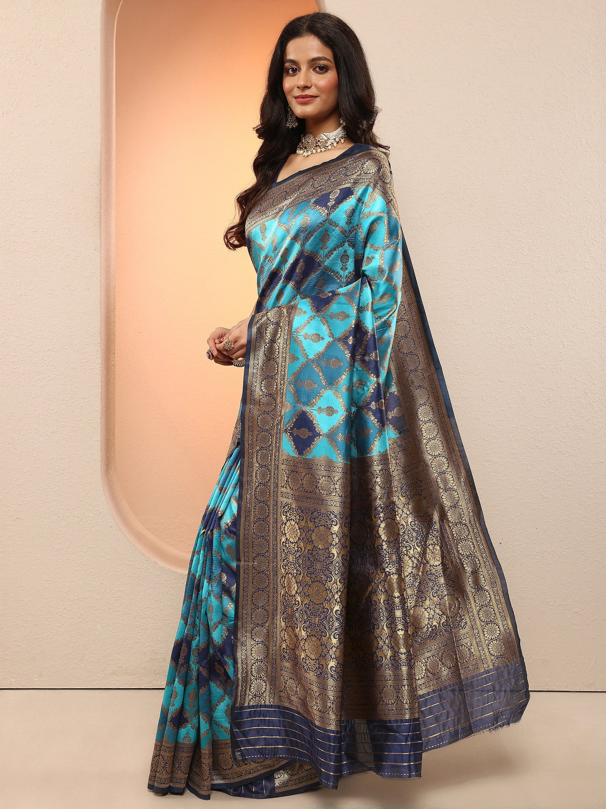 Libas Blue Woven Design Silk Blend Sarees With Unstitched Blouse Piece