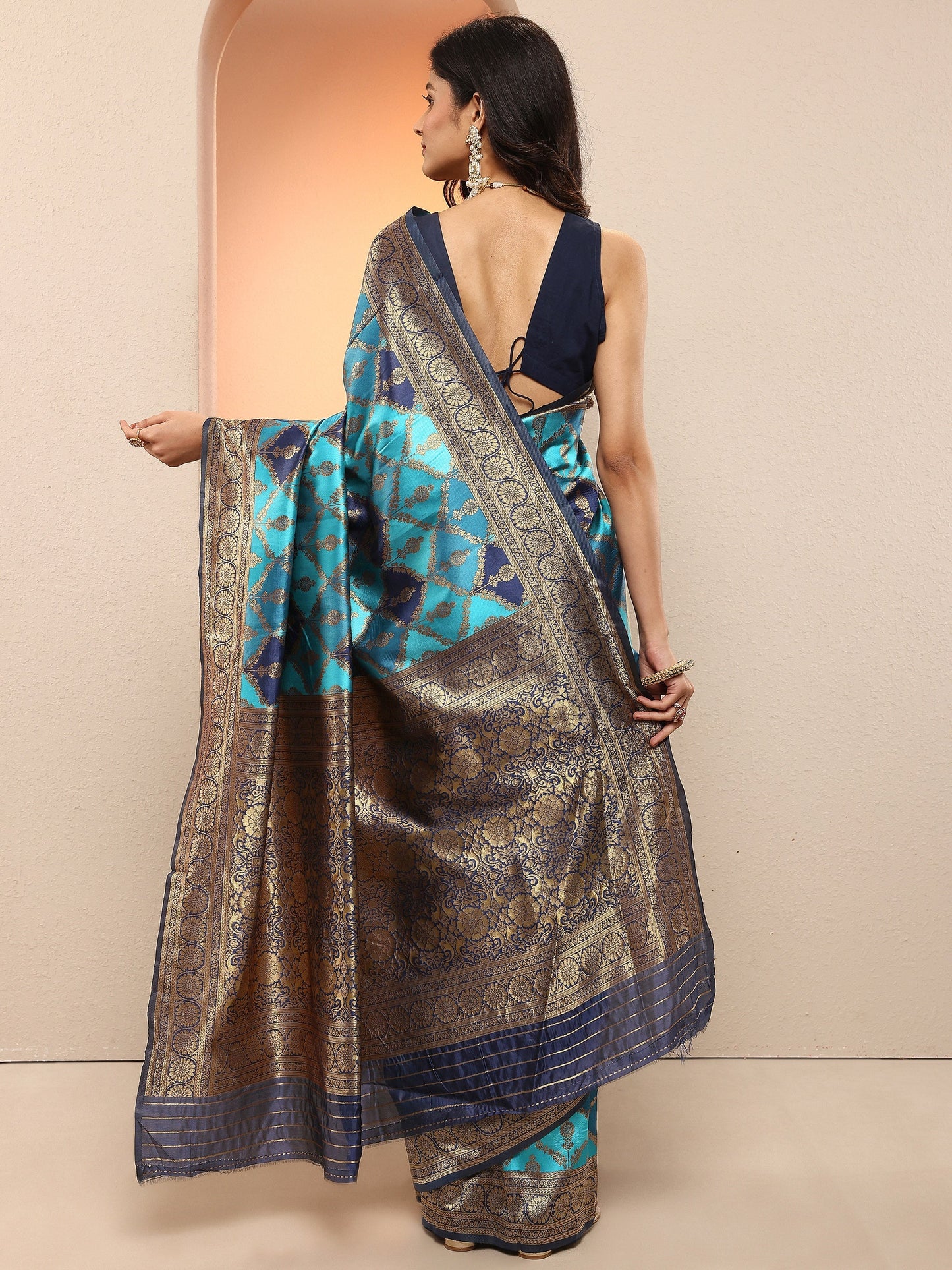 Libas Blue Woven Design Silk Blend Sarees With Unstitched Blouse Piece