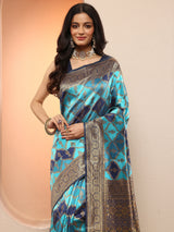 Libas Blue Woven Design Silk Blend Sarees With Unstitched Blouse Piece
