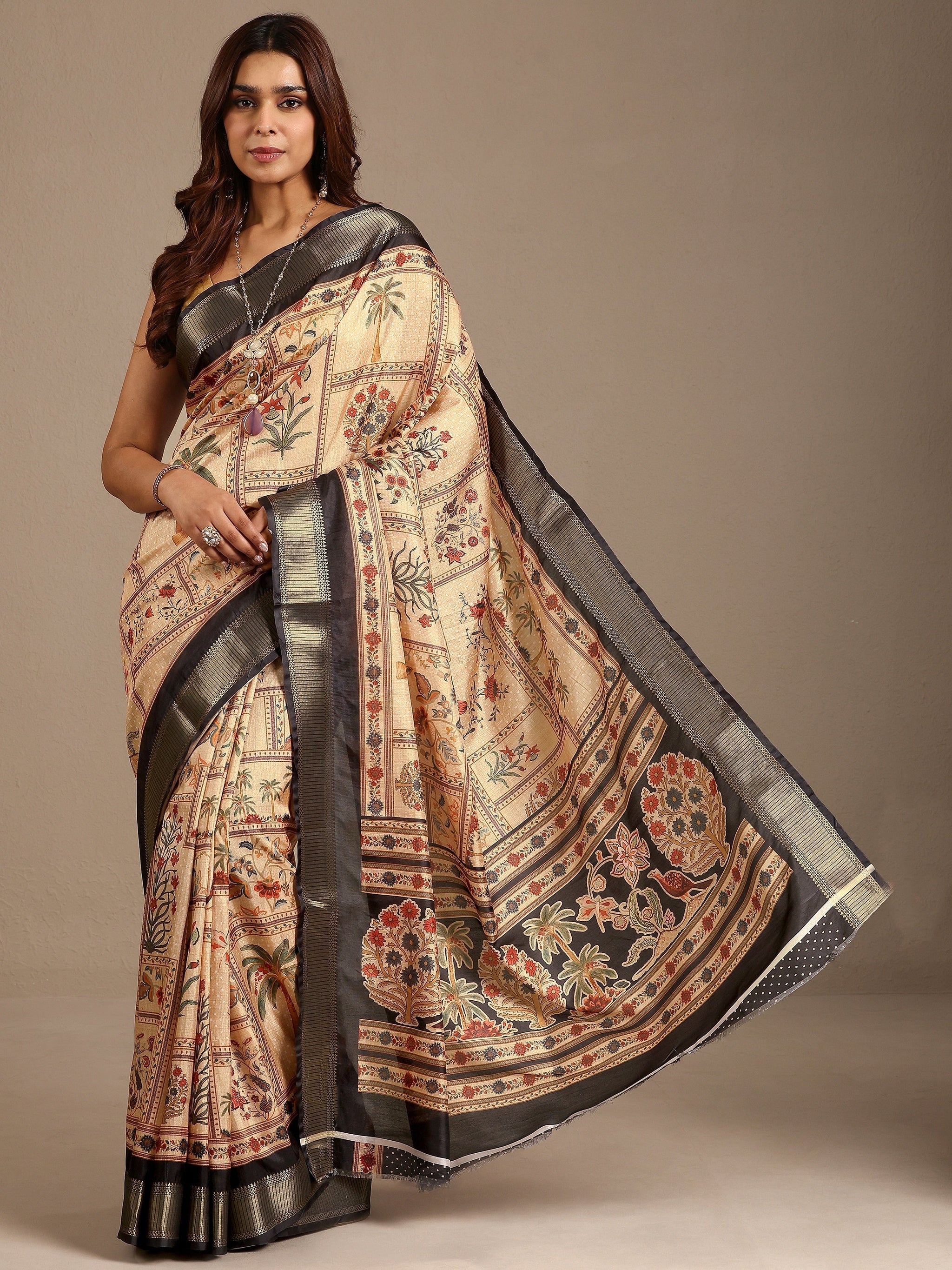 Libas Gold Printed Silk Blend Saree With Unstitched Blouse Piece