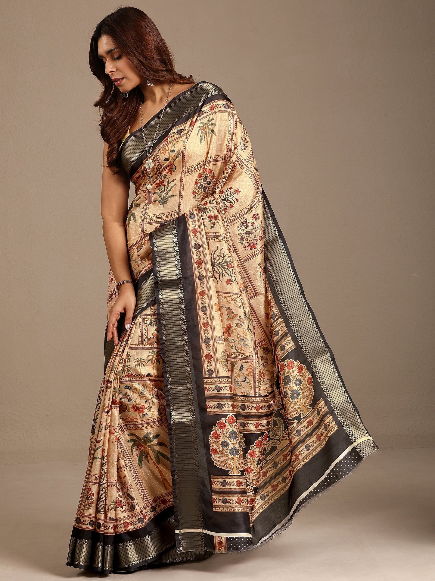 Libas Gold Printed Silk Blend Saree With Unstitched Blouse Piece