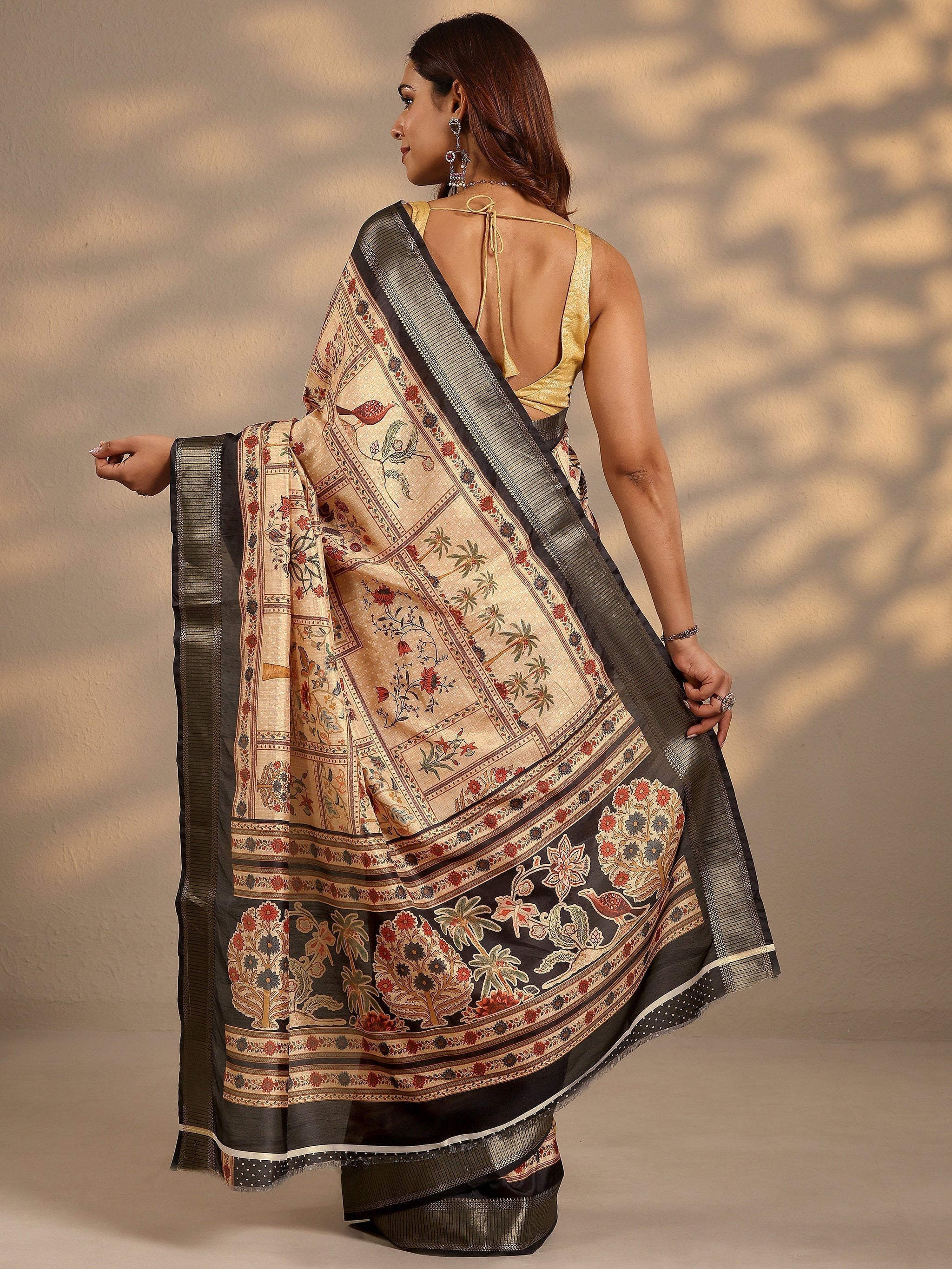 Libas Gold Printed Silk Blend Saree With Unstitched Blouse Piece