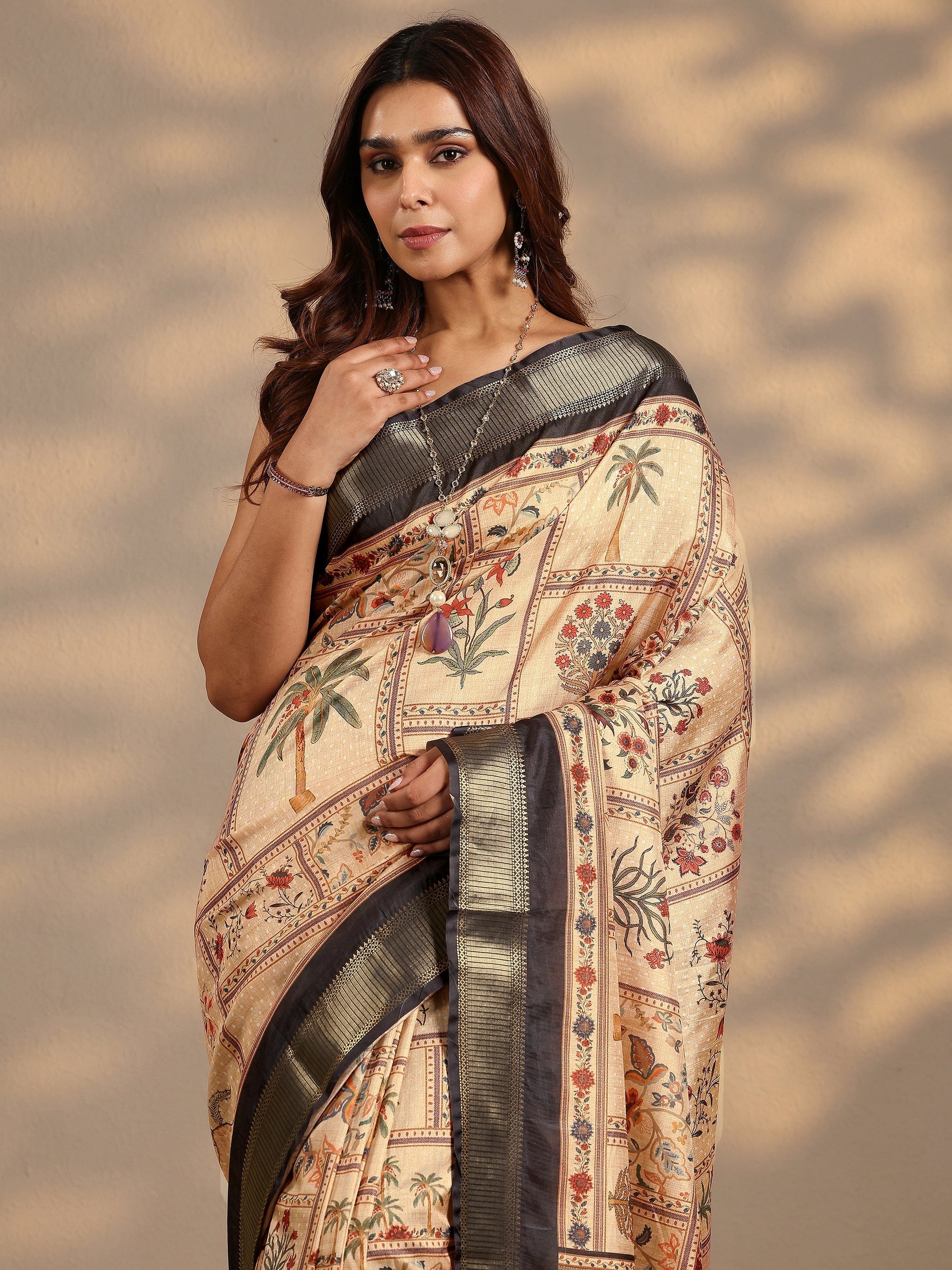 Libas Gold Printed Silk Blend Saree With Unstitched Blouse Piece