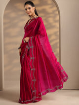 Libas Red Solid Silk Blend Saree With Unstitched Blouse Piece
