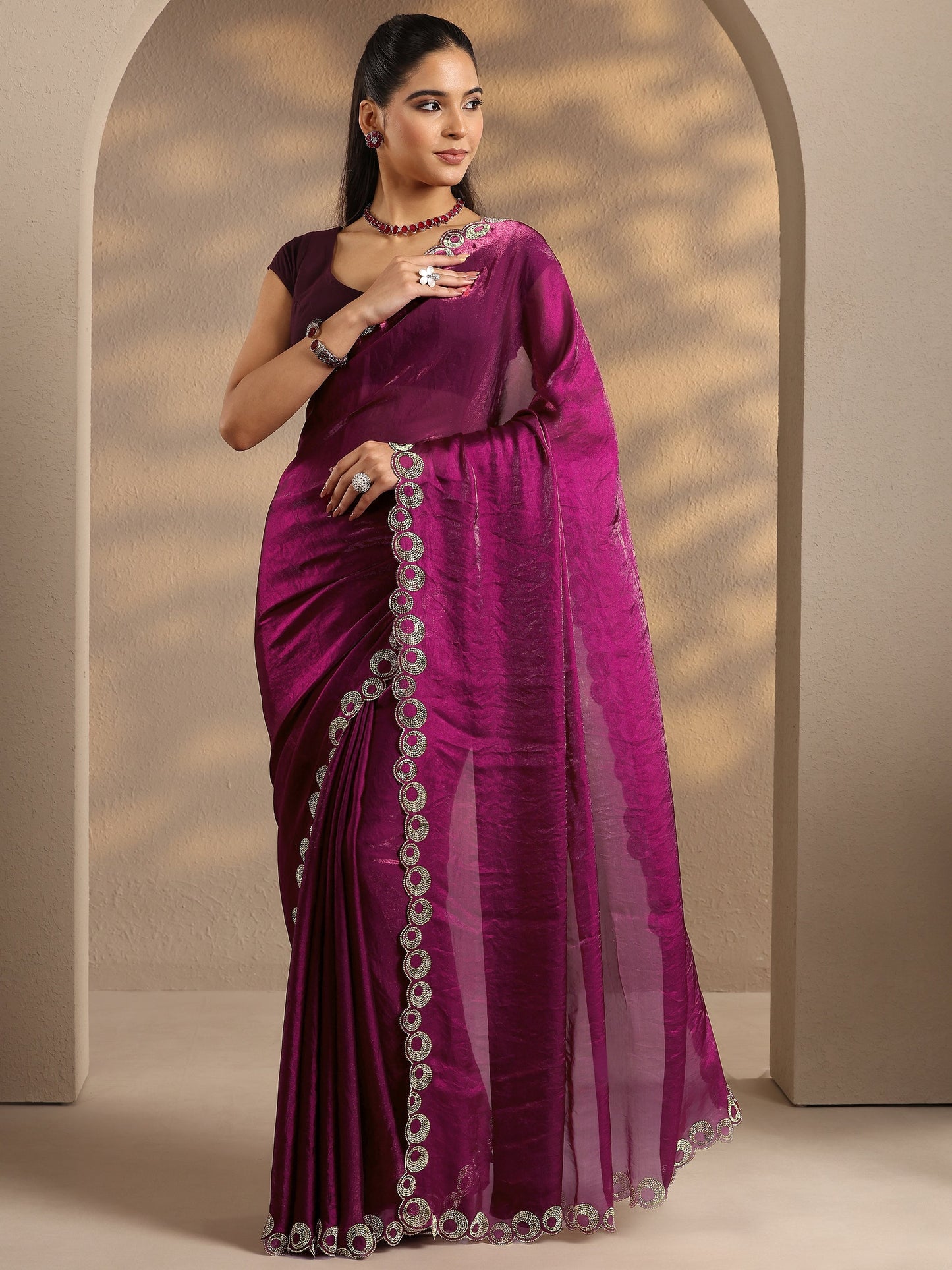 Libas Magenta Solid Silk Blend Saree With Unstitched Blouse Piece