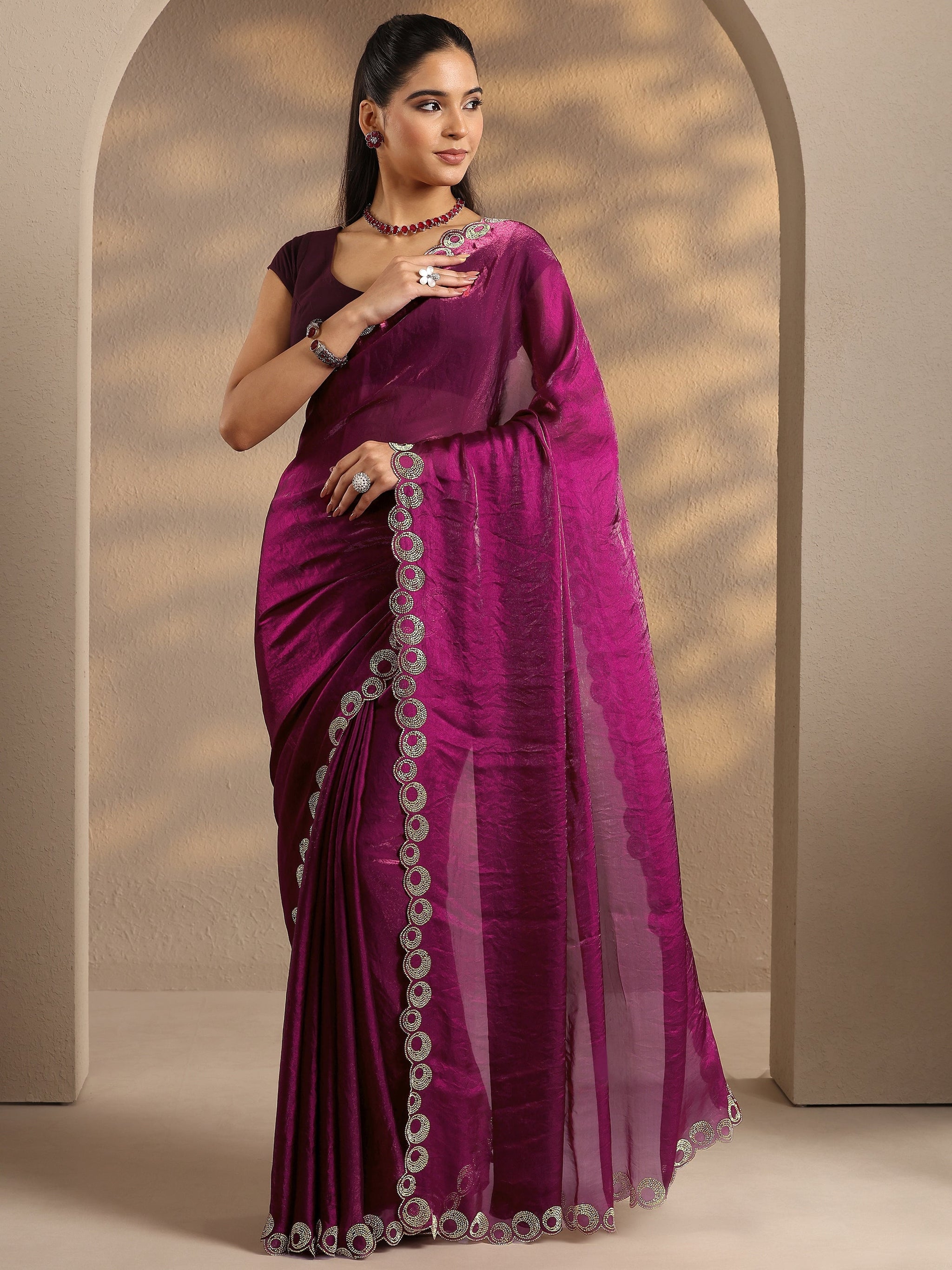 Libas Magenta Solid Silk Blend Saree With Unstitched Blouse Piece