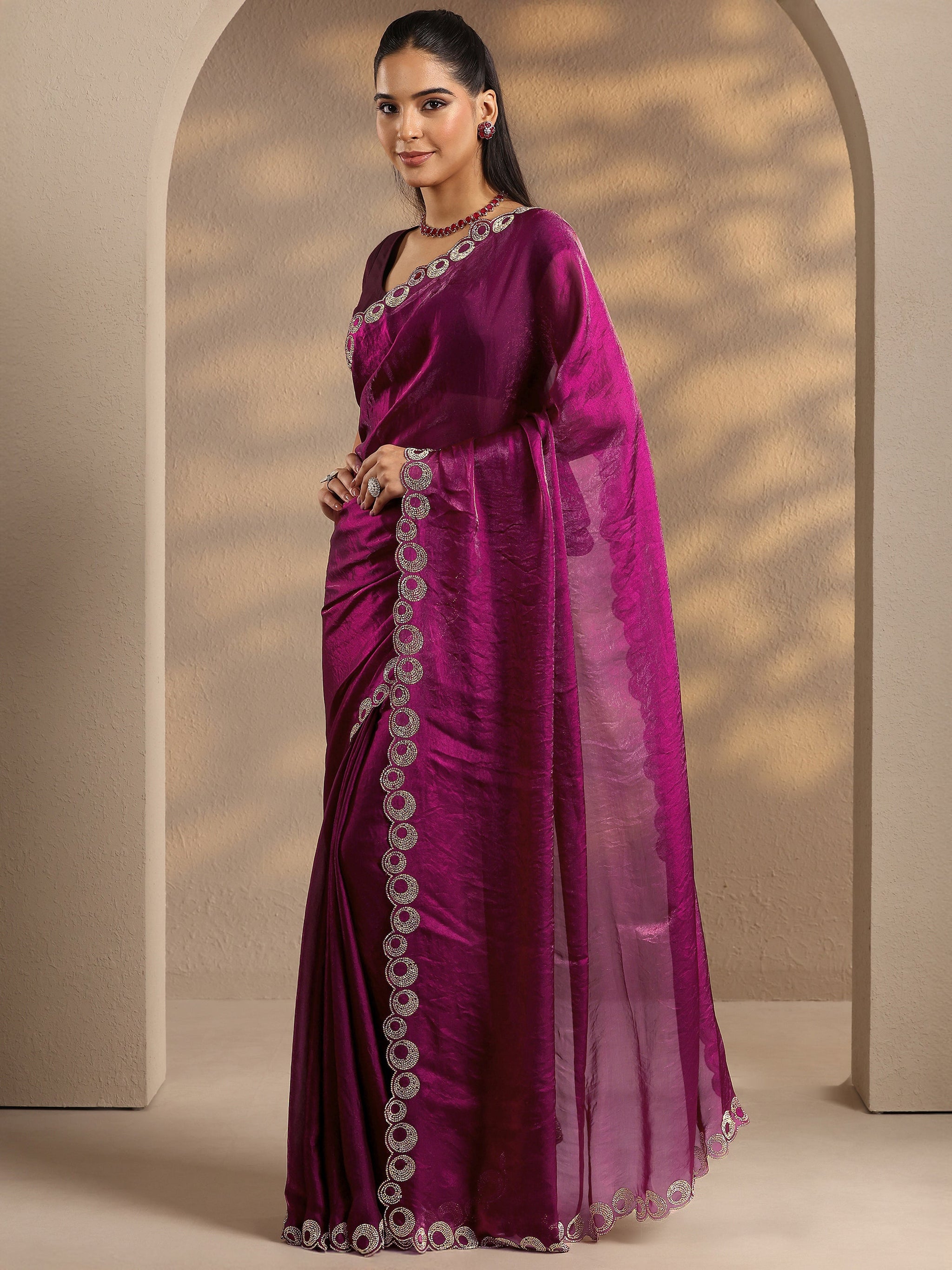 Libas Magenta Solid Silk Blend Saree With Unstitched Blouse Piece
