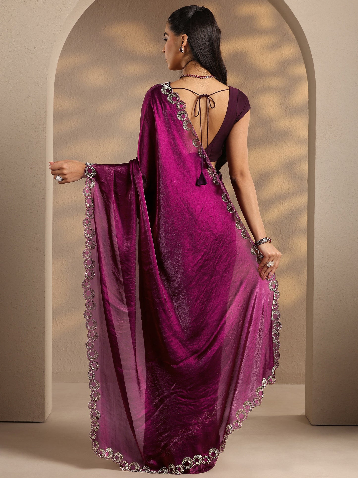 Libas Magenta Solid Silk Blend Saree With Unstitched Blouse Piece